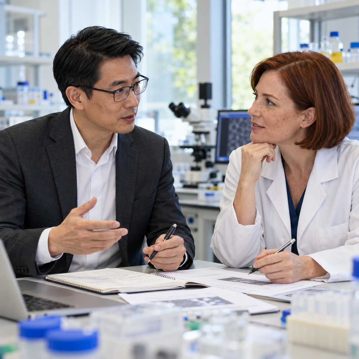 A Chinese businessman and a research scientist, both in their forties, discussing a research project