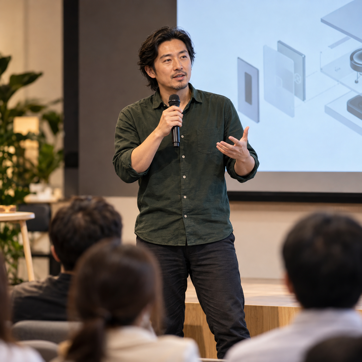 A Chinese technology founder in his forties pitching his business on a small stage