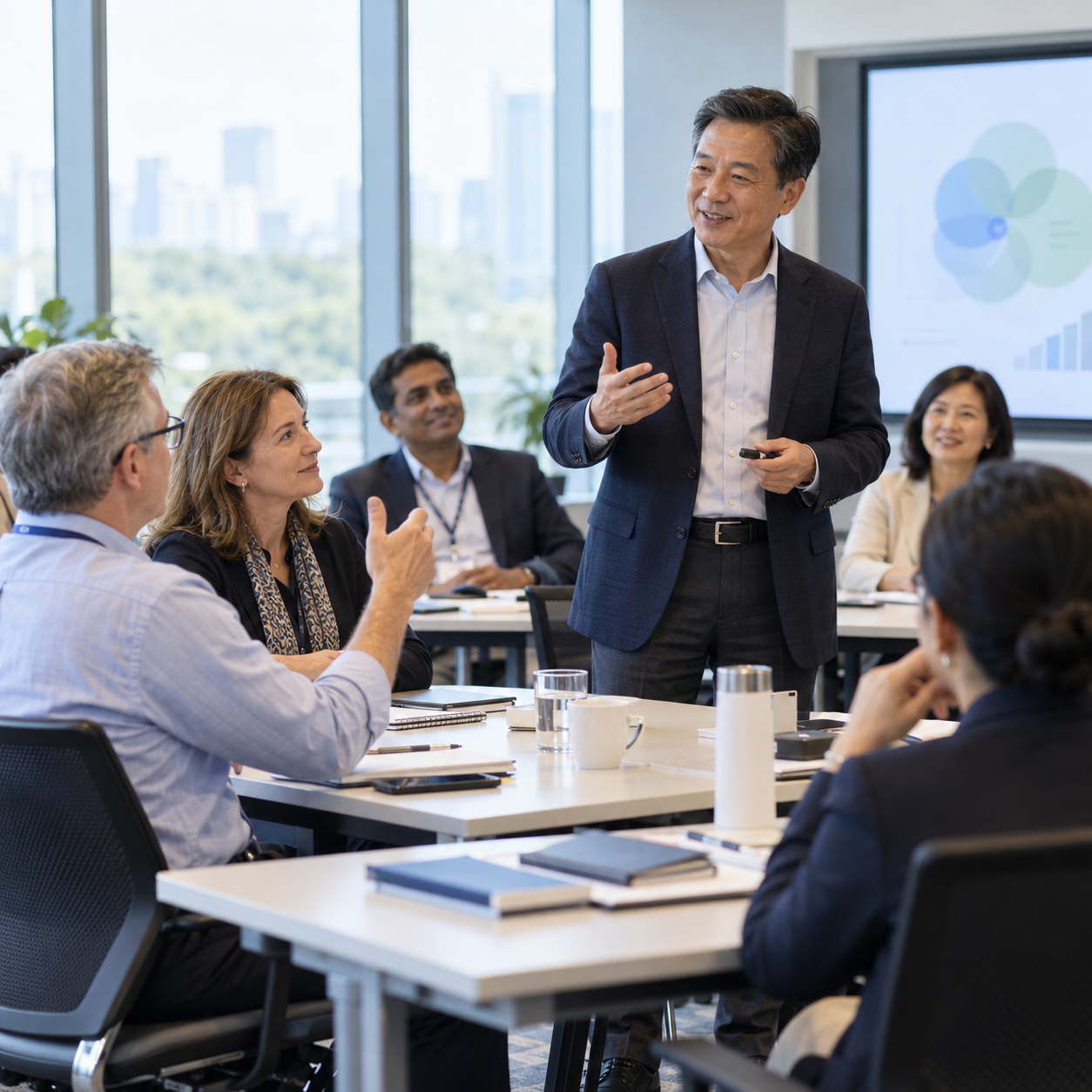 Experienced professionals taking part in an interactive corporate training workshop